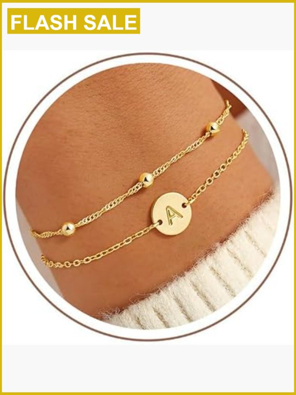14K Gold Plated Layered Initial Bracelets, Adjustable Chain, Personalized